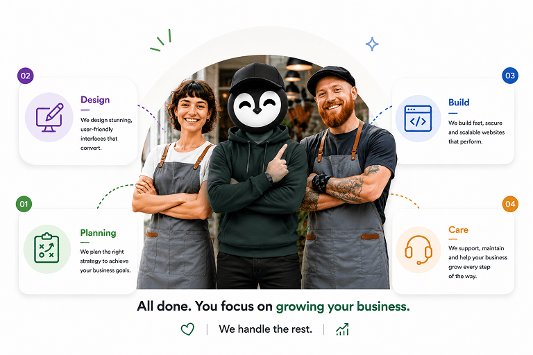 Friendly Webmasterowl with happy clients.